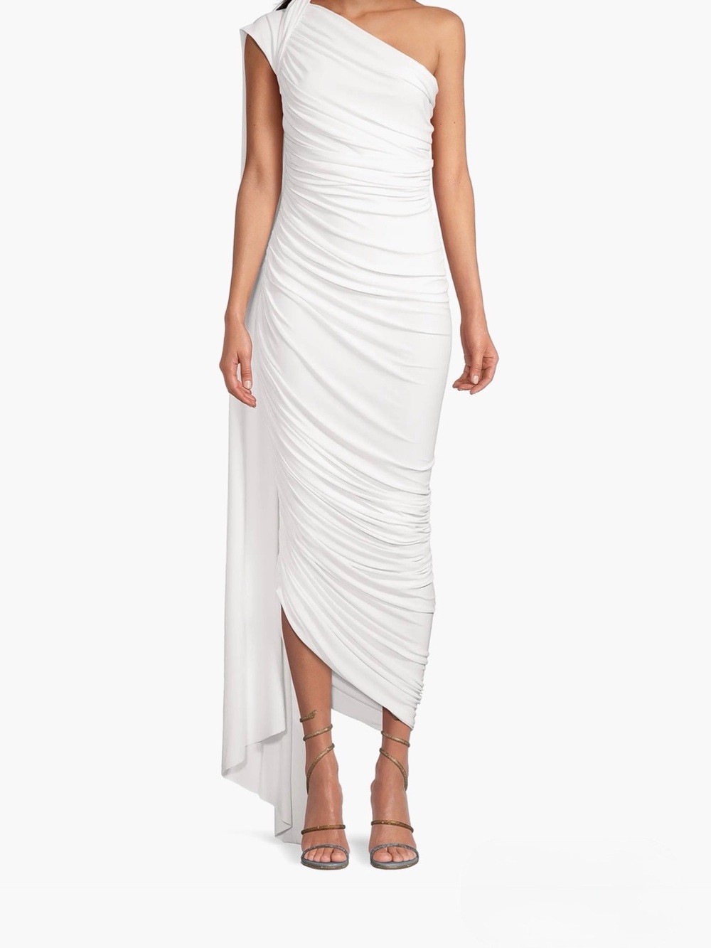NWT Norma Kamali Diana Ruched One-Shoulder Cape-let Gown in White ~ Size XS